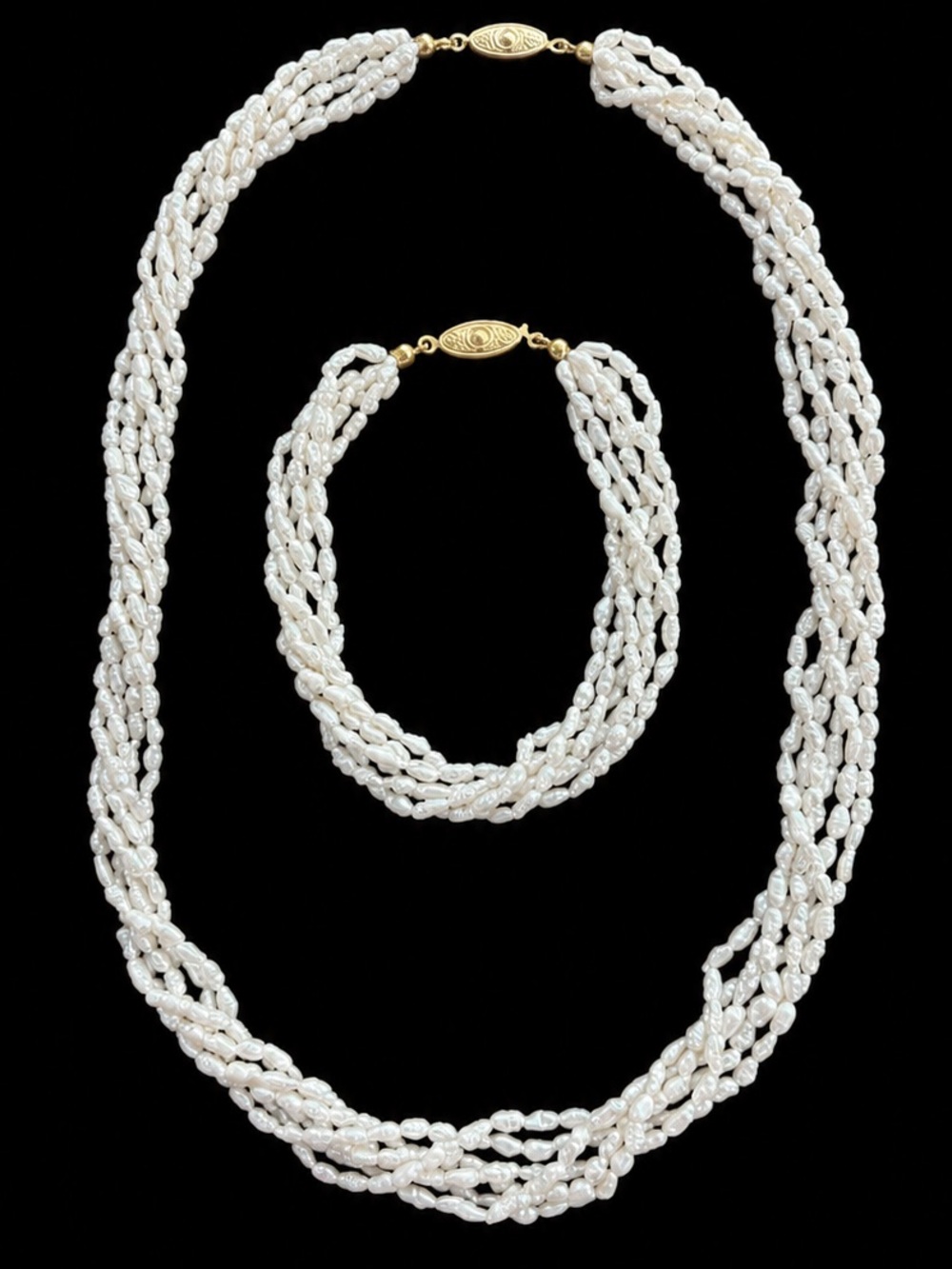 Vintage Multi-Strand Rice Pearl Necklace Bracelet Set Gold Tone Clasp 18.5" 8"